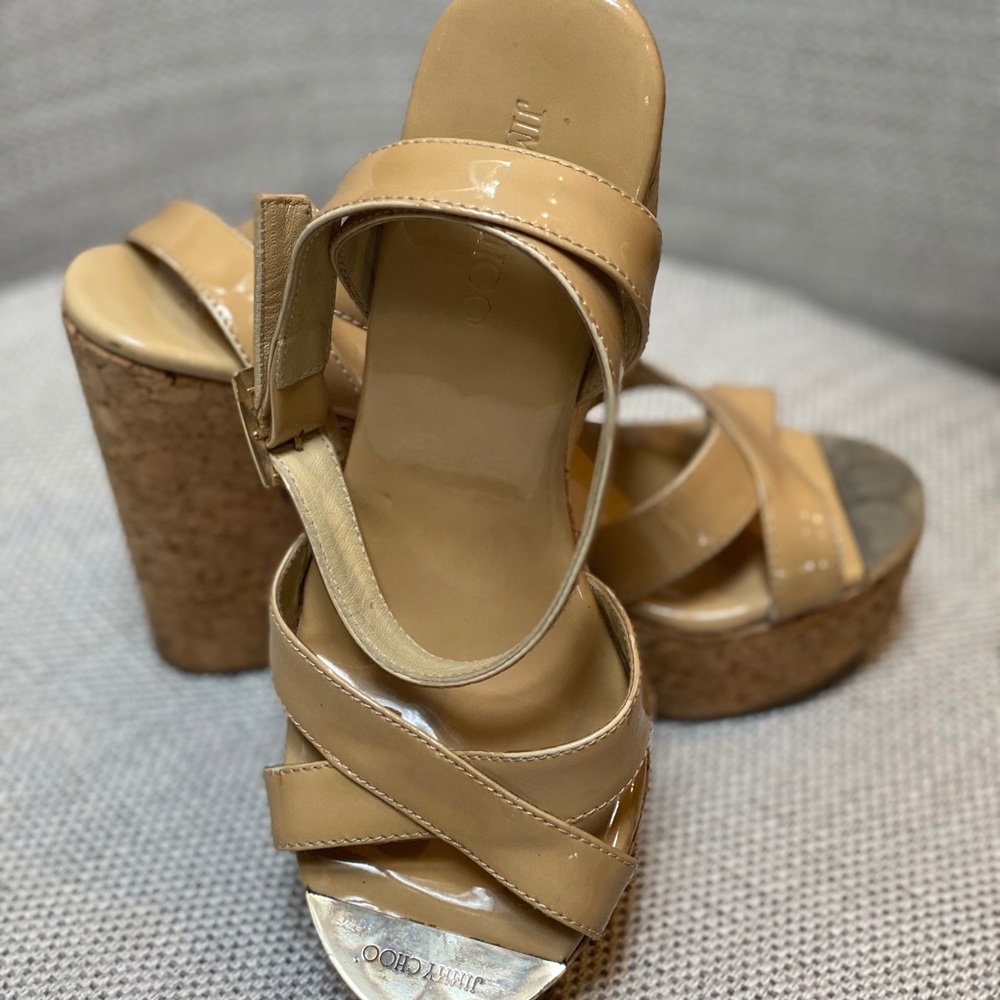 JimmyChoo PatentLeather Cork Platform Wedge Sandal